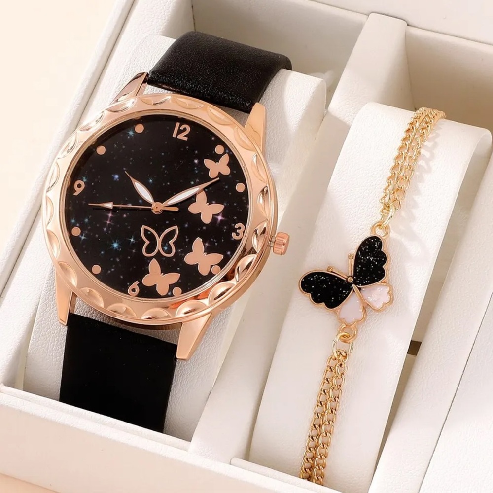 2pcs Set Luxury Ladies Bracelet Quartz Watch Women Watch Set Black Butterfly Dia